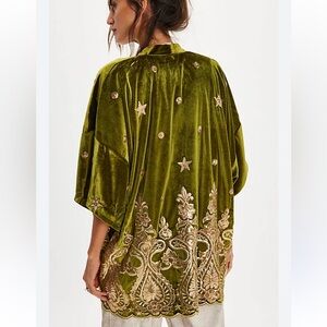 Lenni Whiskey Medium Duster Green Velvet Gold Sequin Embroidered Free People